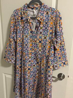Intro Tiered Shirtdress Large NWT Multicolor Tile Print Pockets Dillard's